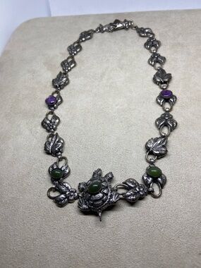 Vintage Mary DiMarco Silver-Tone Turtle Necklace with Green and Purple Stones